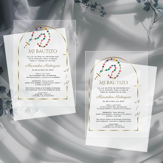 金ゴールドスペインのアーチクロスガールモノグラムバプテスマ アクリル招待状