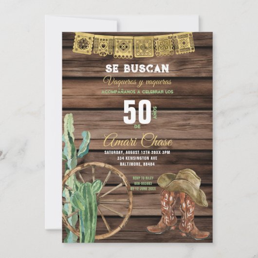 金ゴールドスペインのウエスタンカウボーイ誕生日素朴ウッド 招待状 (正面)