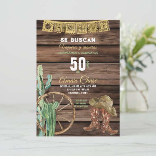金ゴールドスペインのウエスタンカウボーイ誕生日素朴ウッド 招待状 (スタンド正面)