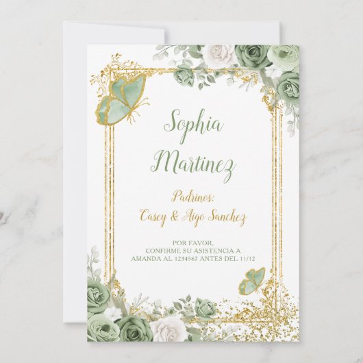 金ゴールドスペインのセージグリーンガールの誕生日 招待状 (裏面)