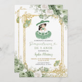 金ゴールドスペインのセージグリーンガールの誕生日 招待状 (正面/裏面)