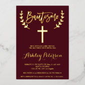 金ゴールドスペインのブルゴーニュ赤エレガント字幕洗礼 箔招待状 (正面)