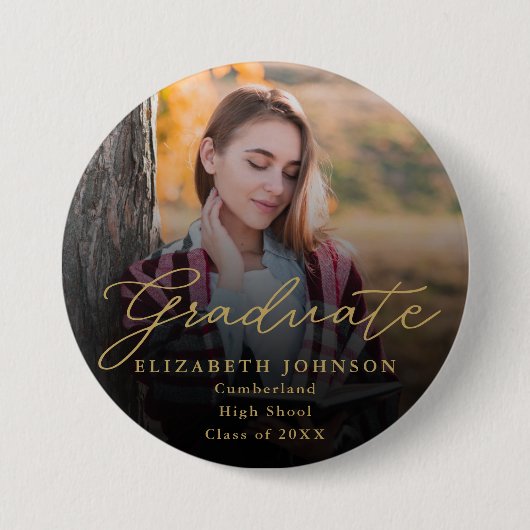 金ゴールドスモダンクリプト写真卒業ボタン 缶バッジ (正面)