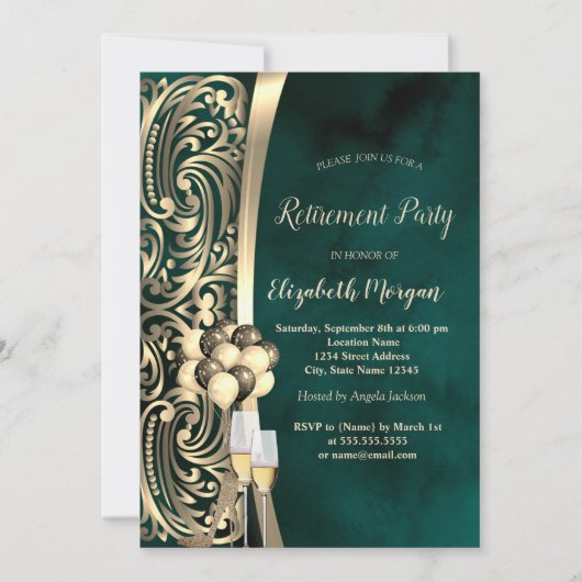 金ゴールドスワーズガラス、ハイヒールグリーンリタイア 招待状 (正面)
