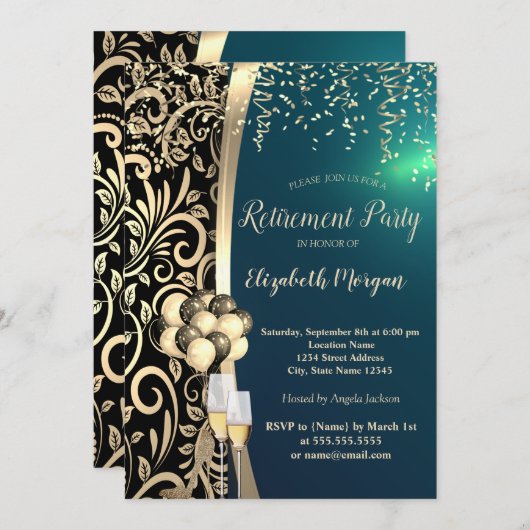 金ゴールドスワーズガラス、ハイヒール、グリーンリタイア 招待状 (正面/裏面)