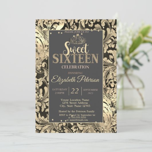 金ゴールドスワーズティアラスウィートダイヤモンド16パーティー 招待状 (スタンド正面)