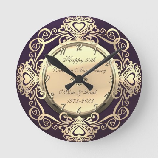 金ゴールドスワーズハートダイヤモンドバイオレット50結婚th ラウンド壁時計 (正面)