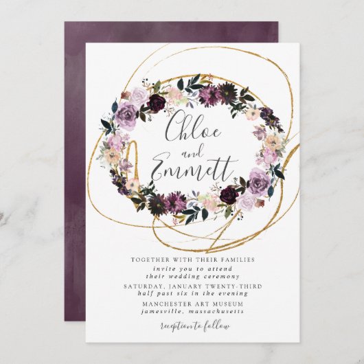 金ゴールドスワーズパープルピンク結婚フローラ 招待状 (正面/裏面)