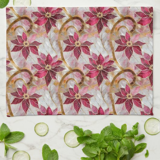 金ゴールドスワーズブルゴーニュピンククリスマスポインセチア キッチンタオル (折り畳み)