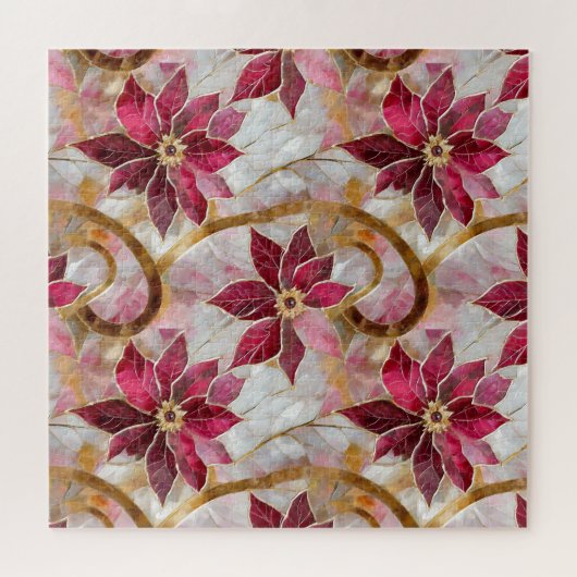 金ゴールドスワーズブルゴーニュピンククリスマスポインセチア ジグソーパズル (横)