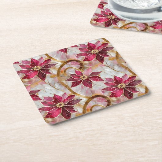 金ゴールドスワーズブルゴーニュピンククリスマスポインセチア スクエアペーパーコースター (アングル)