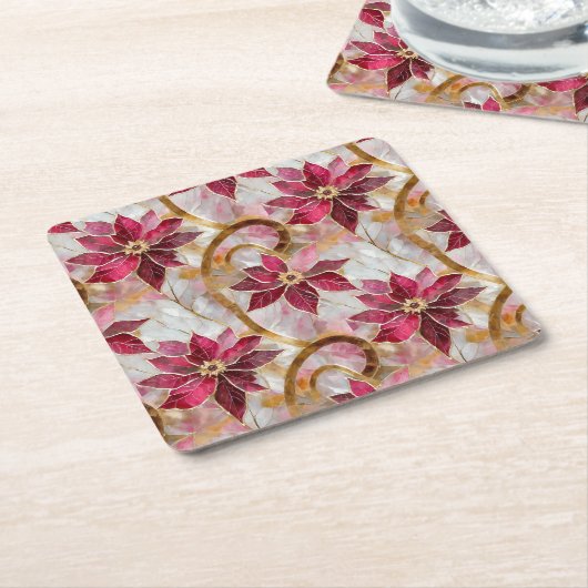 金ゴールドスワーズブルゴーニュピンククリスマスポインセチア スクエアペーパーコースター (アングル)
