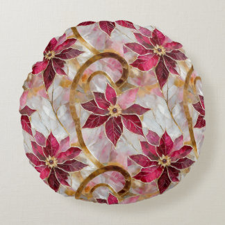 金ゴールドスワーズブルゴーニュピンククリスマスポインセチア ラウンドクッション