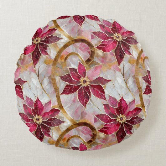 金ゴールドスワーズブルゴーニュピンククリスマスポインセチア ラウンドクッション (正面)