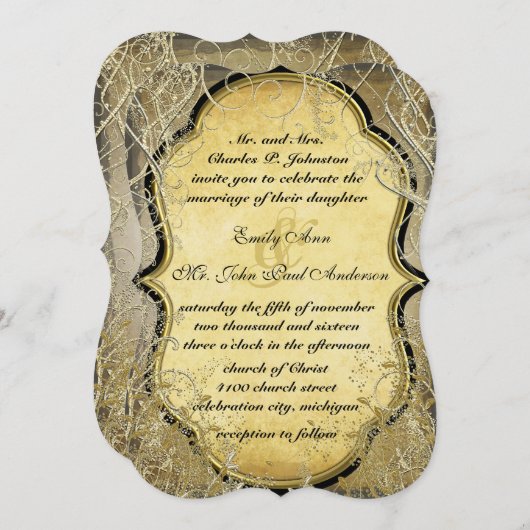 金ゴールドスワール葉と燃焼金ゴールド金属紙 招待状 (正面/裏面)