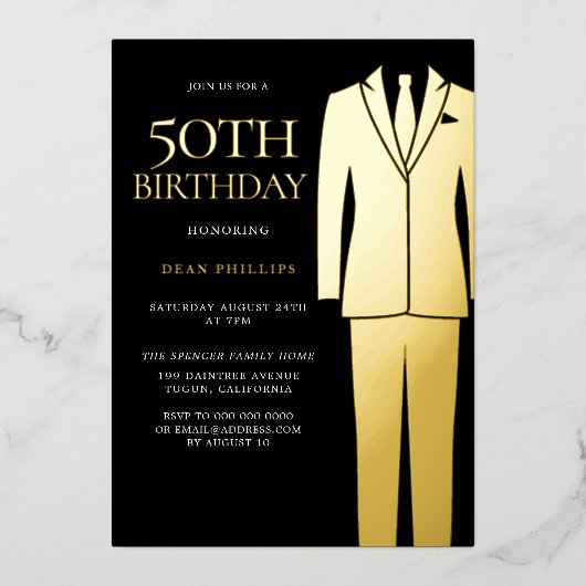金ゴールドスーツのネクタイ黒いメンズ50th誕生日パーティ実在ー 箔招待状 (正面)