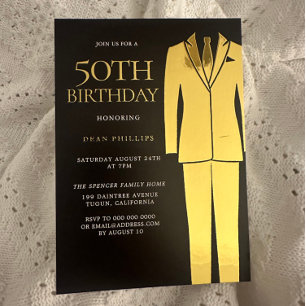 金ゴールドスーツのネクタイ黒いメンズ50th誕生日パーティ実在ー 箔招待状