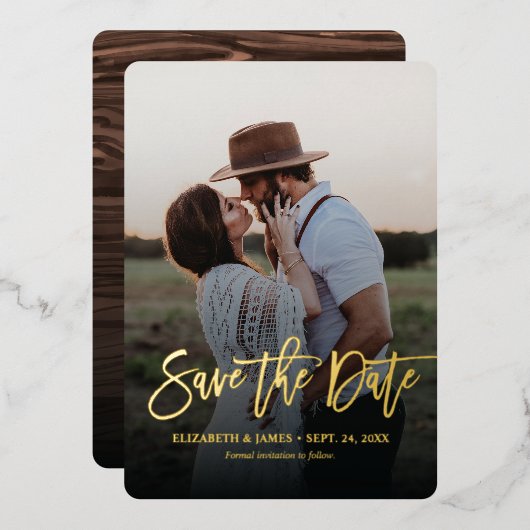 金ゴールドス素朴クリプト日付の保結婚存 箔招待状 (正面/裏面)