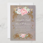 金ゴールドセイヴァイオレット赤面フローラミッドサマー結婚ズ 招待状 (正面)