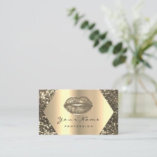 金ゴールドセピアグリッターメイクアップアーティストキス唇フレーム 名刺 (スタンド正面)