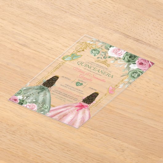 金ゴールドセージグリーンとピンクツインキンセアニラ アクリル招待状 (レイダウン)