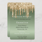 金ゴールドセージグリーンスパークルグリッタードリップス誕生日 招待状 (正面/裏面)