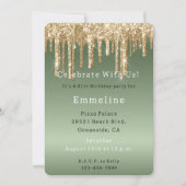 金ゴールドセージグリーンスパークルグリッタードリップス誕生日 招待状 (正面)
