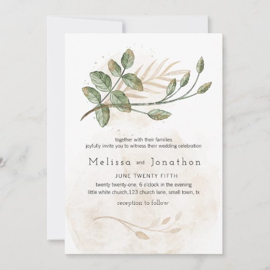 金ゴールドセージグリーンフローラエレガントな結婚式 招待状 (正面)