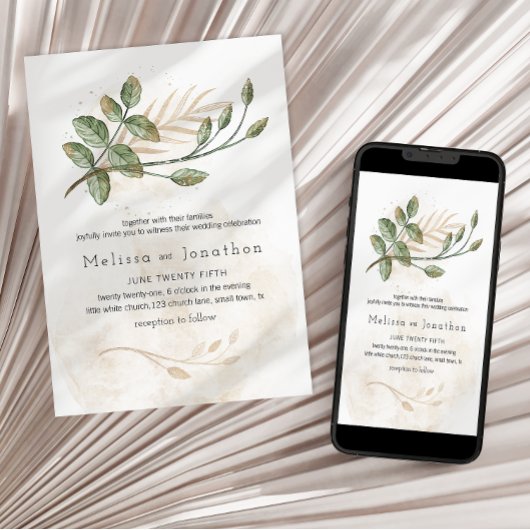 金ゴールドセージグリーンフローラエレガントな結婚式 招待状
