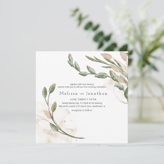 金ゴールドセージグリーンフローラエレガントウェディング招待状 (スタンド正面)