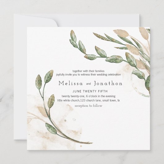 金ゴールドセージグリーンフローラエレガントウェディング招待状 (正面)