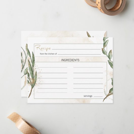 金ゴールドセージグリーンフローラ結婚のレシピカード ノートカード (正面/裏面インサイチュ)