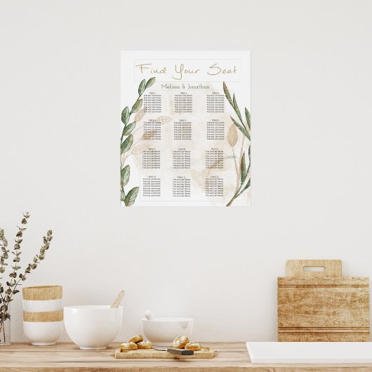 金ゴールドセージ緑のフローラ結婚のシーティングチャート ポスター (キッチン)