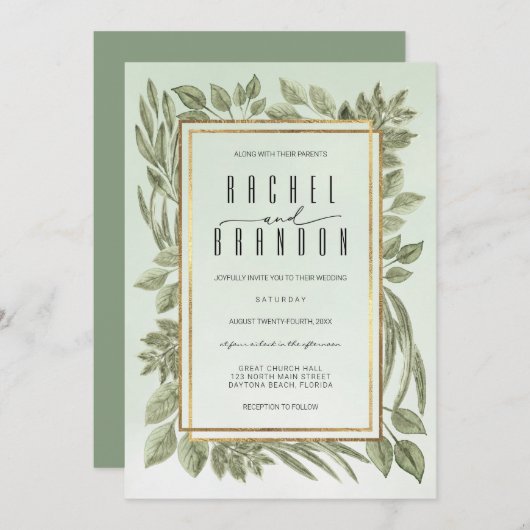 金ゴールドセージ緑の水の色結婚の 招待状 (正面/裏面)