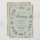金ゴールドセージ緑の水色のフローラ 招待状 (正面/裏面)