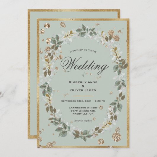金ゴールドセージ緑の水色のフローラ 招待状 (正面/裏面)