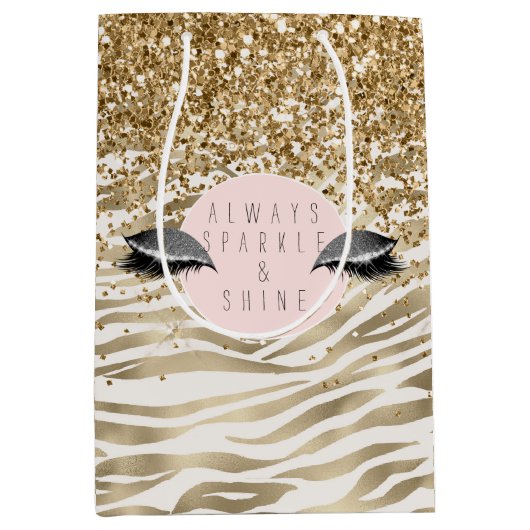 金ゴールドゼブラ印刷キラキラした目 ミディアムペーパーバッグ (正面)