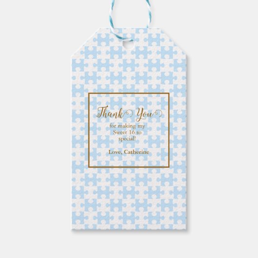 金ゴールドソフトブルー白パズル市松模様に甘い16 ギフトタグ (正面)