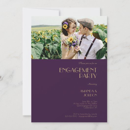 金ゴールドタイプデコダークパープル婚約パーティ写真 招待状 (正面)