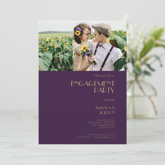 金ゴールドタイプデコダークパープル婚約パーティ写真 招待状 (スタンド正面)