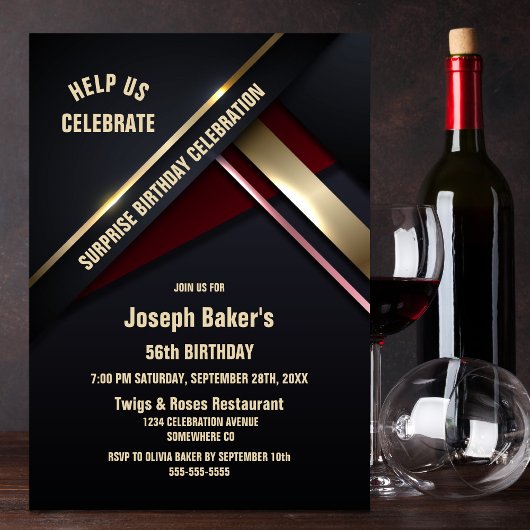 金ゴールドタイプ任意の年齢のサプライズ誕生日パーティー 招待状