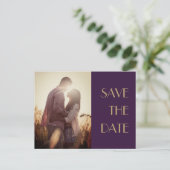 金ゴールドタイプDeco Dark Purple結婚の写真救日付 案内ポストカード (スタンド正面)