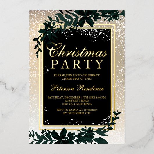 金ゴールドタイポグラフィの葉の雪エレガントのシックなクリスマス 箔シーズンカード (正面)