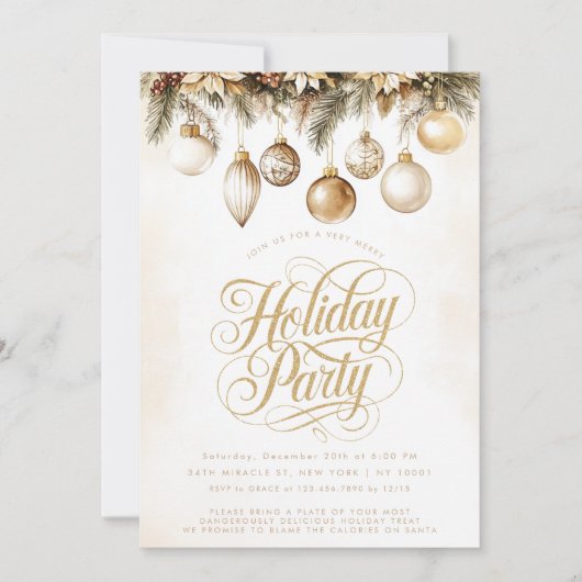 金ゴールドタイポグラフィオーナメントバウブルクリスマスパーティー 招待状 (正面)