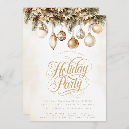 金ゴールドタイポグラフィオーナメントバウブルクリスマスパーティー 招待状 (正面/裏面)