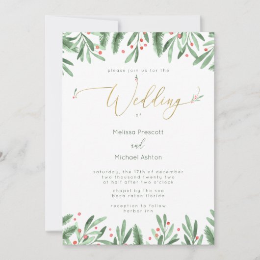 金ゴールドタイポグラフィクリスマス結婚式招待状 シーズンカード (正面)