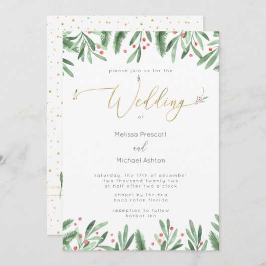 金ゴールドタイポグラフィクリスマス結婚式招待状 シーズンカード (正面/裏面)