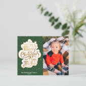 金ゴールドタイポグラフィスクリプト緑のクリスマス休暇 ポストカード (スタンド正面)