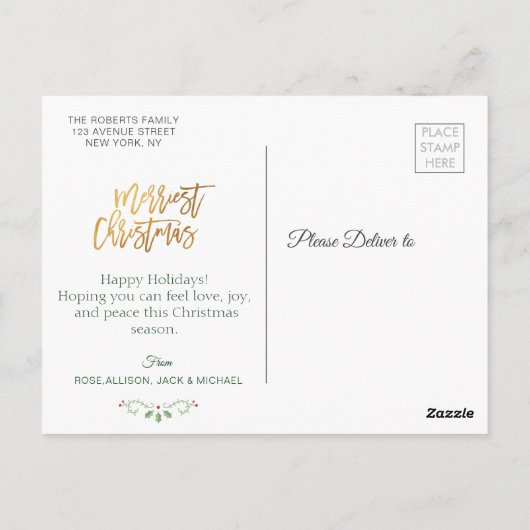 金ゴールドタイポグラフィスクリプト緑のクリスマス休暇 ポストカード (裏面)