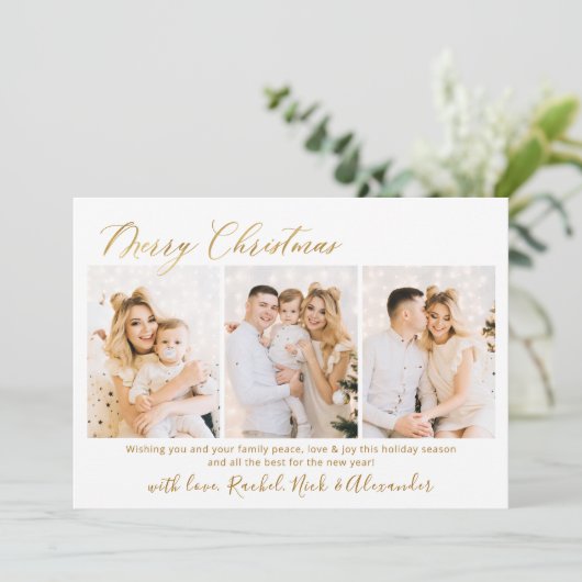 金ゴールドタイポグラフィスクリプト3数々のフォトクリスマス シーズンカード (スタンド正面)